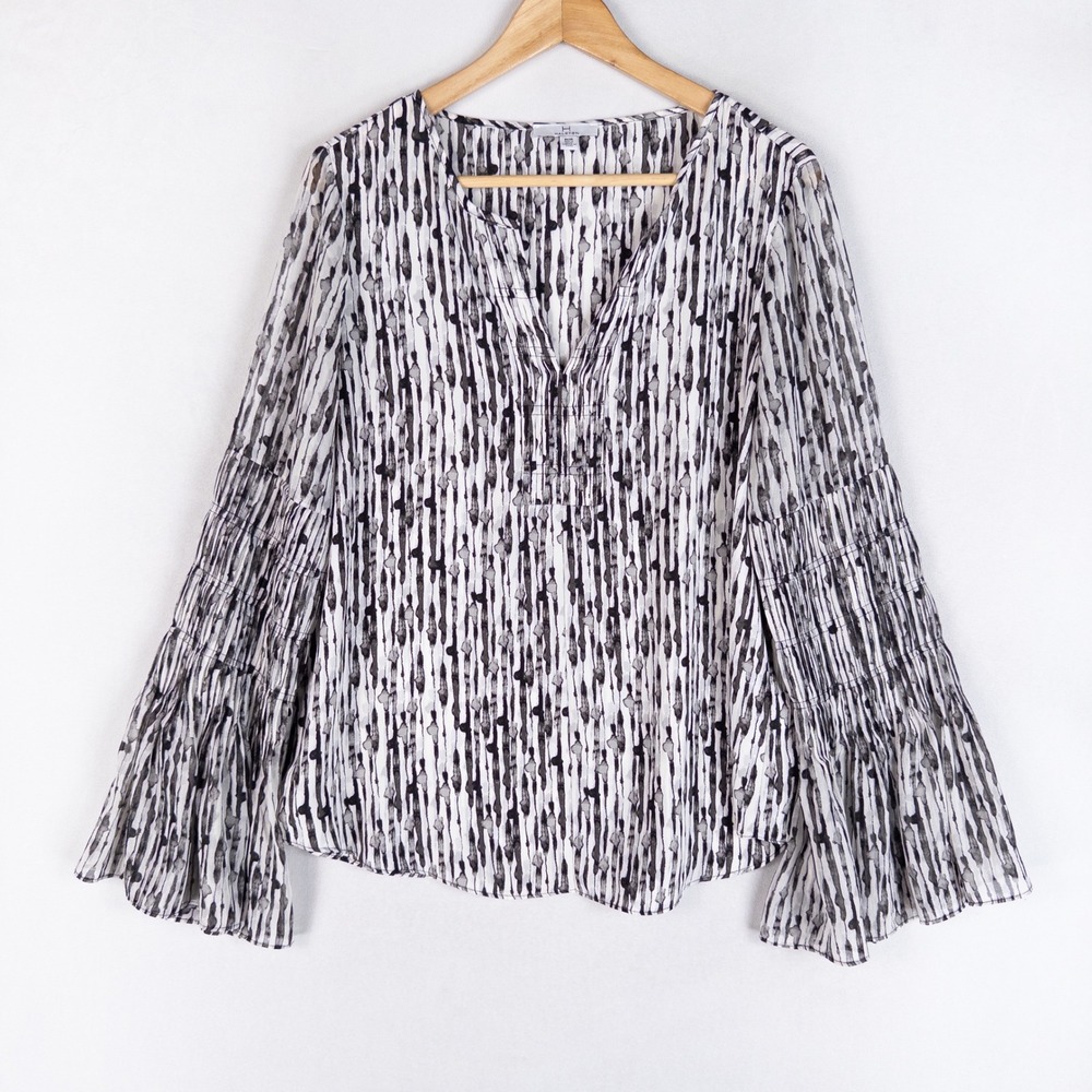Halston Womens Blouse Medium Black White Abstract Stripe Tiered Bell Sleeve Top